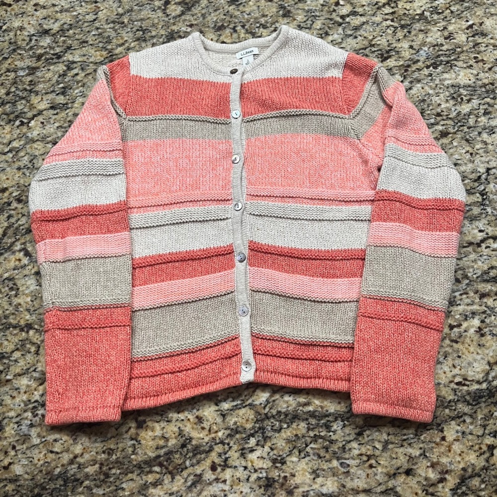 LL Bean Womens Small Striped Chunky Knit Cardigan Sweater Coral Pink Crew Neck